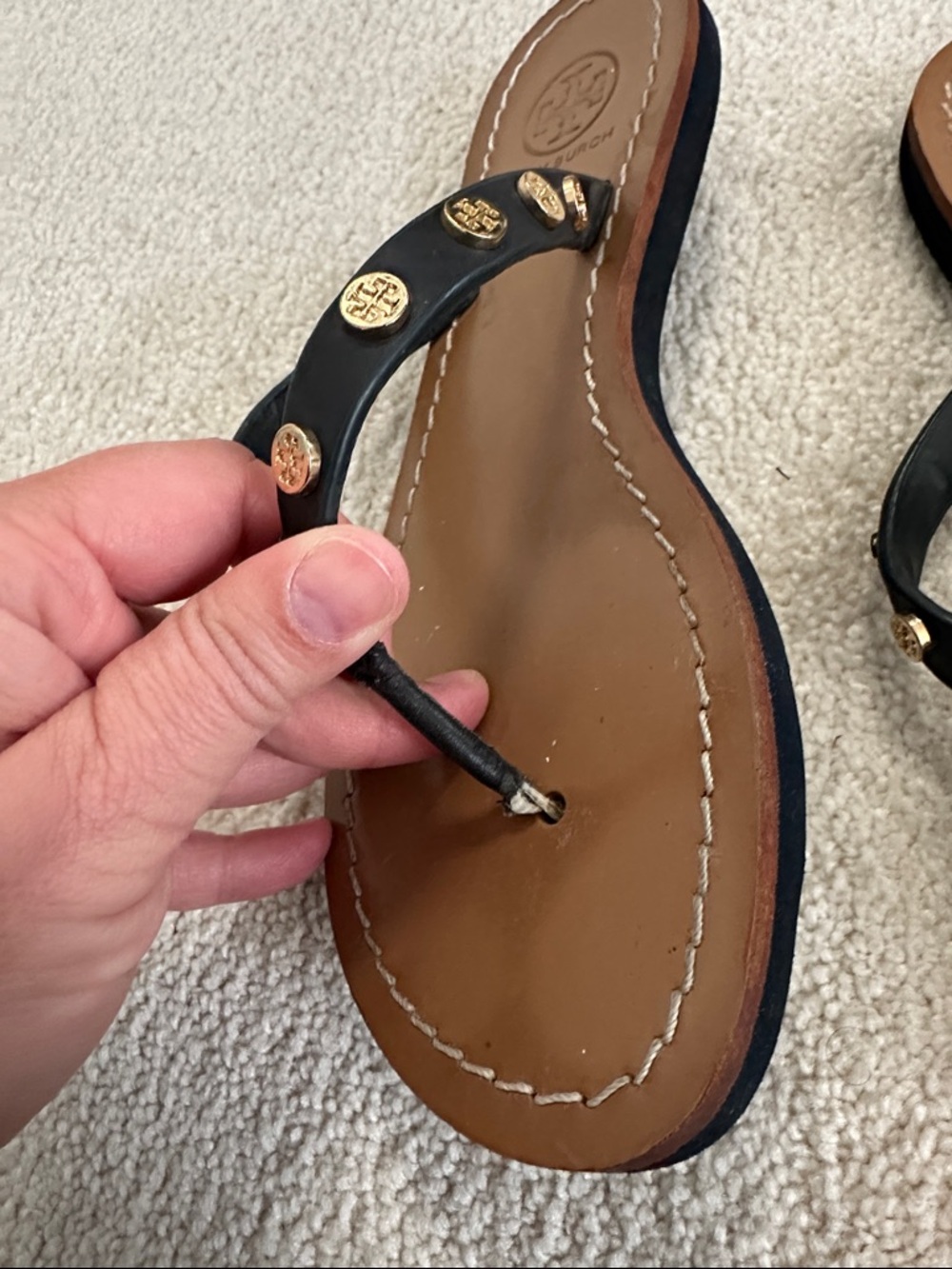 Tory Burch Black Studded Thong Sandals with Tan Footbed - Picture 2 of 5